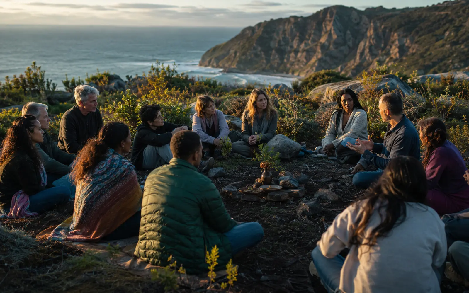 A real gathering in a beautiful nature-connected place, with authentic participation, emotional safety and understated wonder rather than staged wellness imagery.