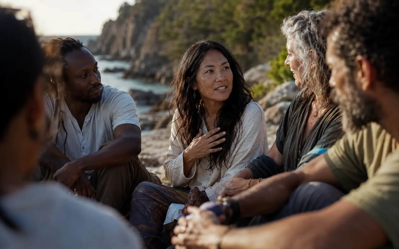 A real gathering in a beautiful nature-connected place, with authentic participation, emotional safety and understated wonder rather than staged wellness imagery.
