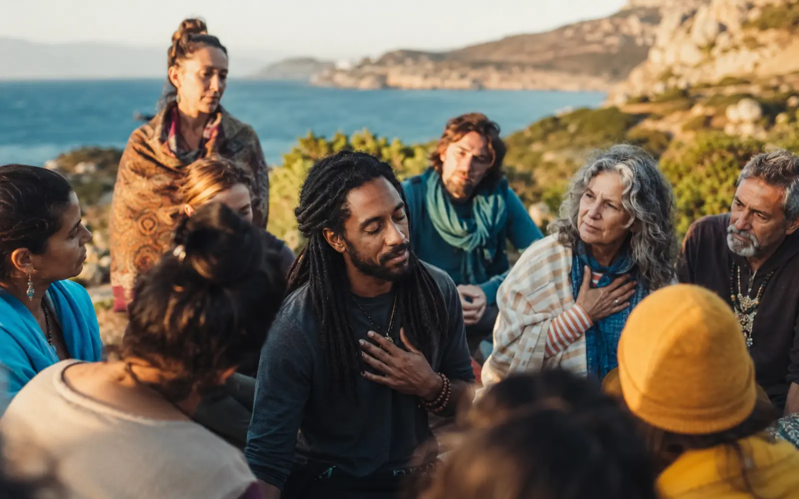 A real gathering in a beautiful nature-connected place, with authentic participation, emotional safety and understated wonder rather than staged wellness imagery.