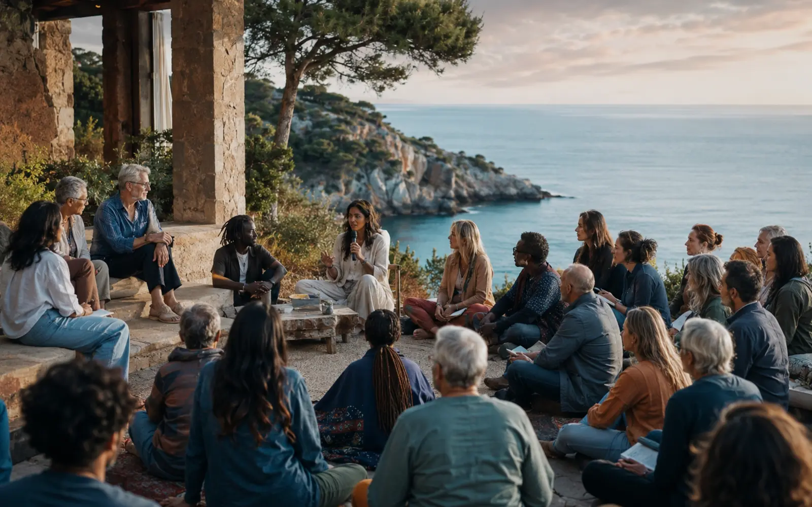 A real gathering in a beautiful nature-connected place, with authentic participation, emotional safety and understated wonder rather than staged wellness imagery.