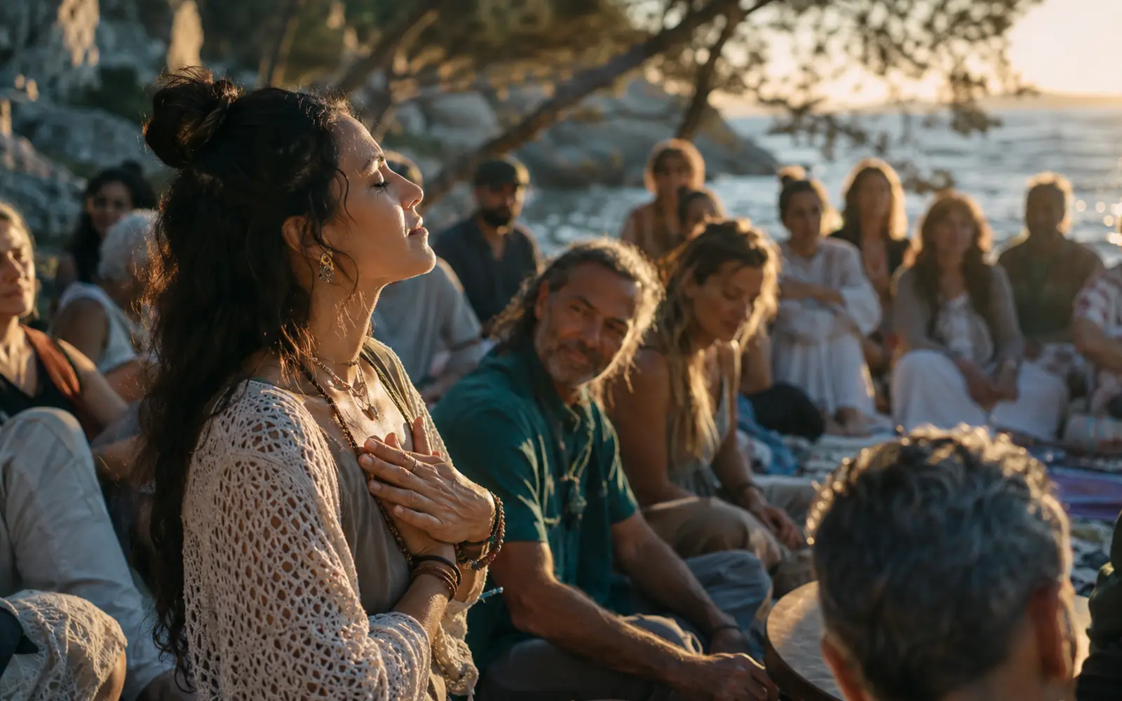 A real gathering in a beautiful nature-connected place, with authentic participation, emotional safety and understated wonder rather than staged wellness imagery.