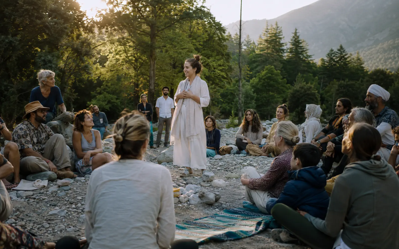 A real gathering in a beautiful nature-connected place, with authentic participation, emotional safety and understated wonder rather than staged wellness imagery.