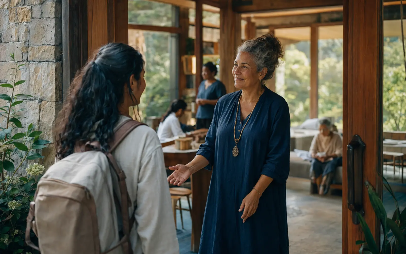 An intimate, unstaged human exchange in a light-filled civic or community setting.