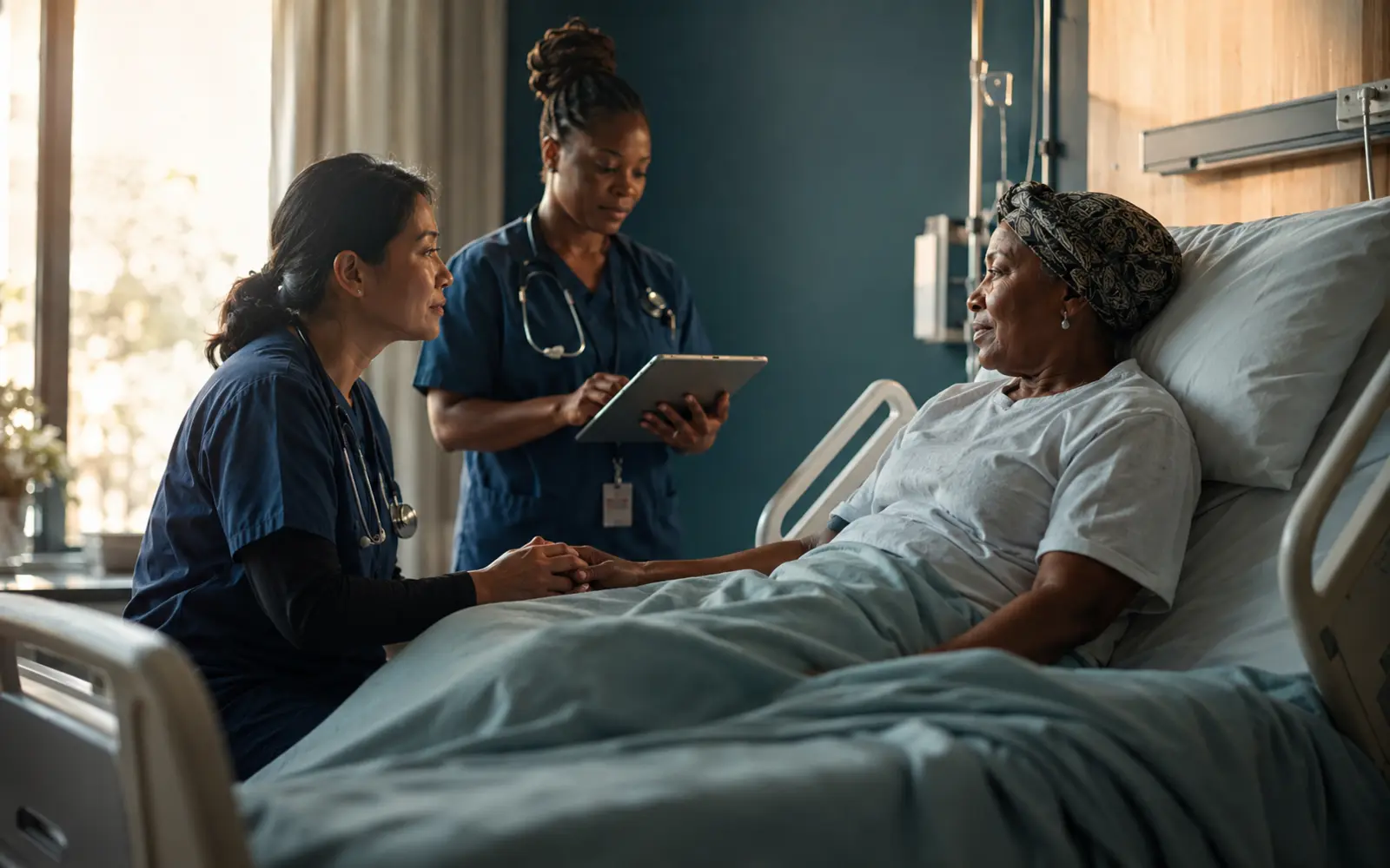 A humane, contemporary hospital scene in which clinical coordination, dignity and the person—not the software—are unmistakably central.
