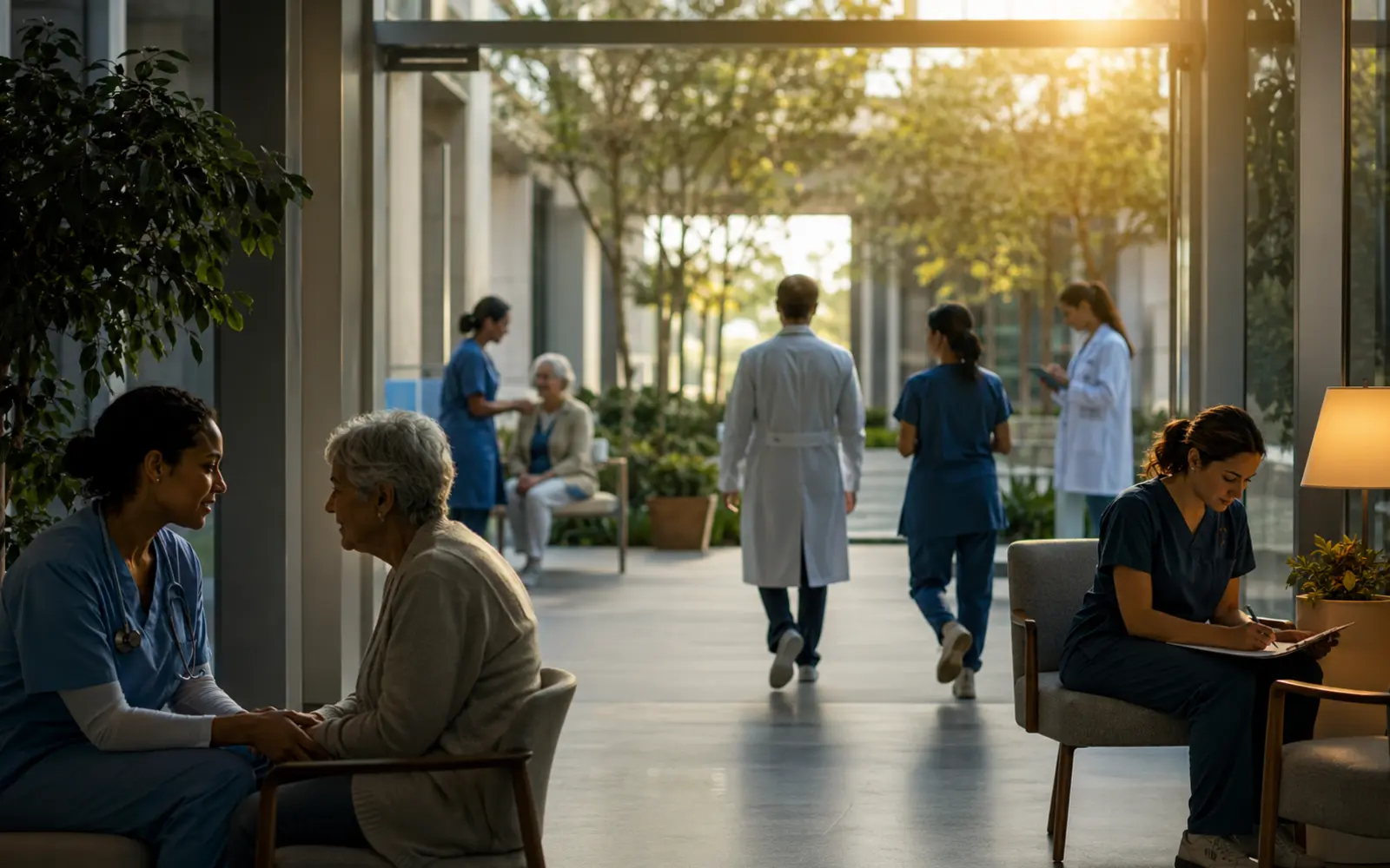 A humane, contemporary hospital scene in which clinical coordination, dignity and the person—not the software—are unmistakably central.