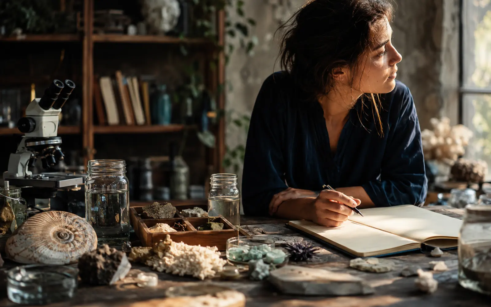 A poetic editorial still life combining scientific instruments, natural specimens and an open notebook with no readable writing.
