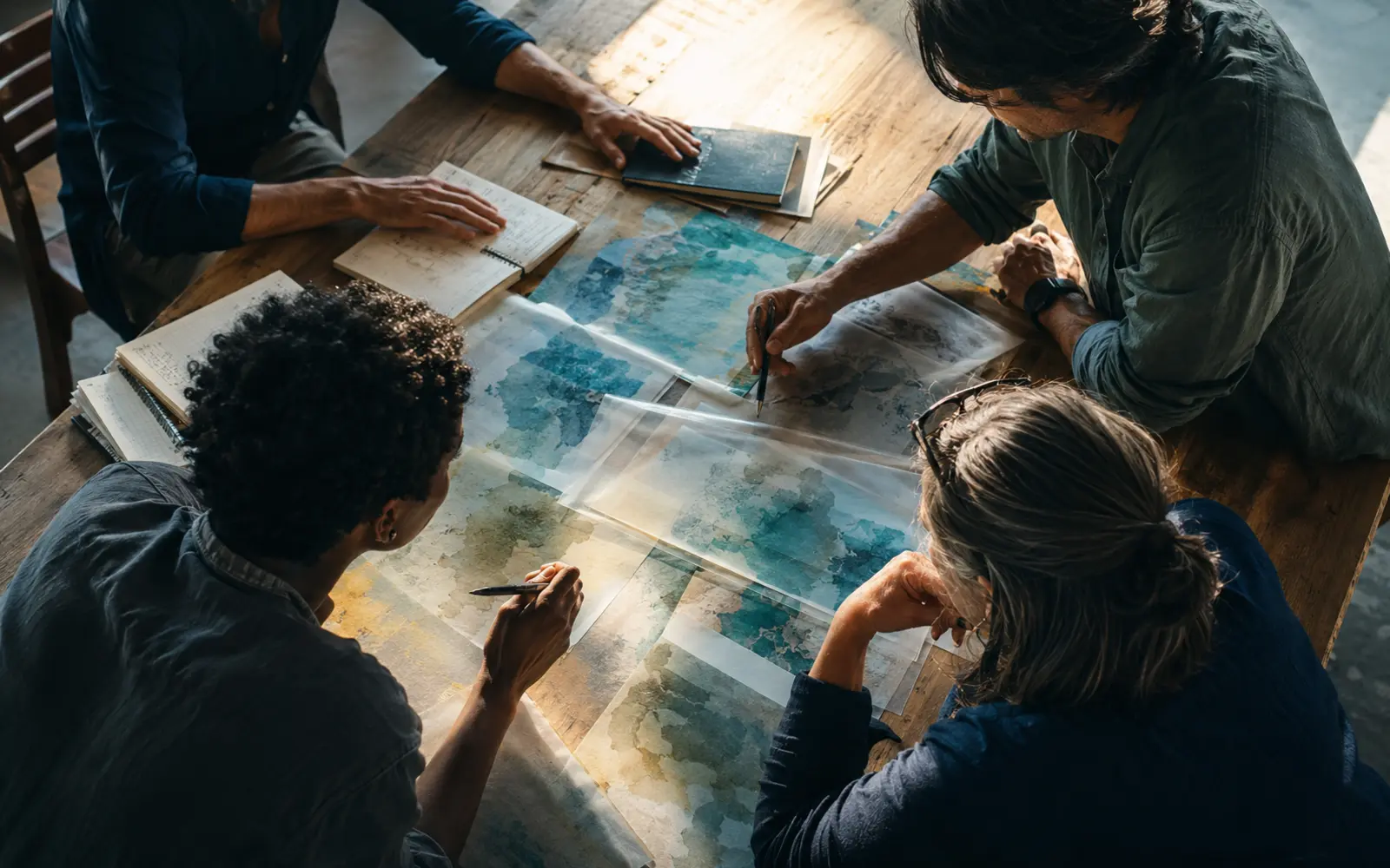 Researchers interpreting complex information through physical notes, transparent layers and attentive dialogue.