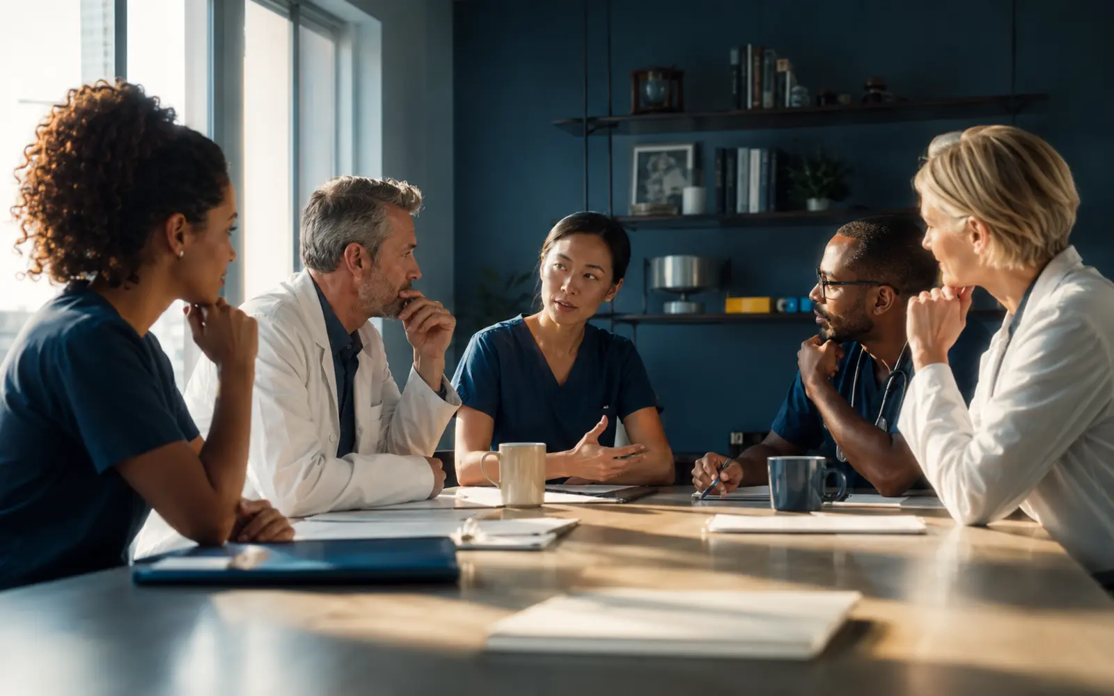A multidisciplinary clinical team discussing one person’s case with warmth and precision.