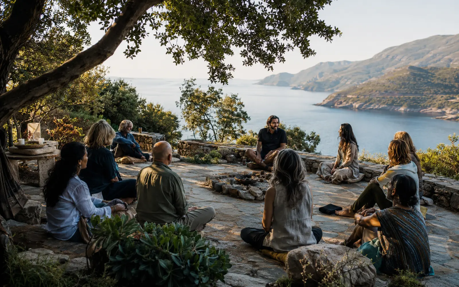 A real gathering in a beautiful nature-connected place, with authentic participation, emotional safety and understated wonder rather than staged wellness imagery.