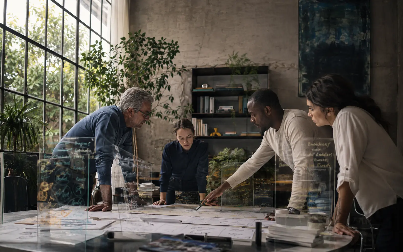 Researchers interpreting complex information through physical notes, transparent layers and attentive dialogue.