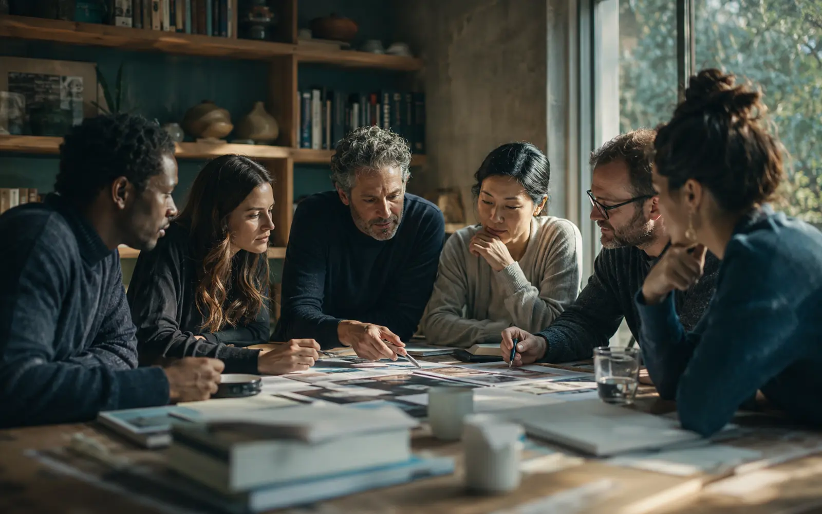 A multidisciplinary team comparing evidence around a table with warm, credible lighting.