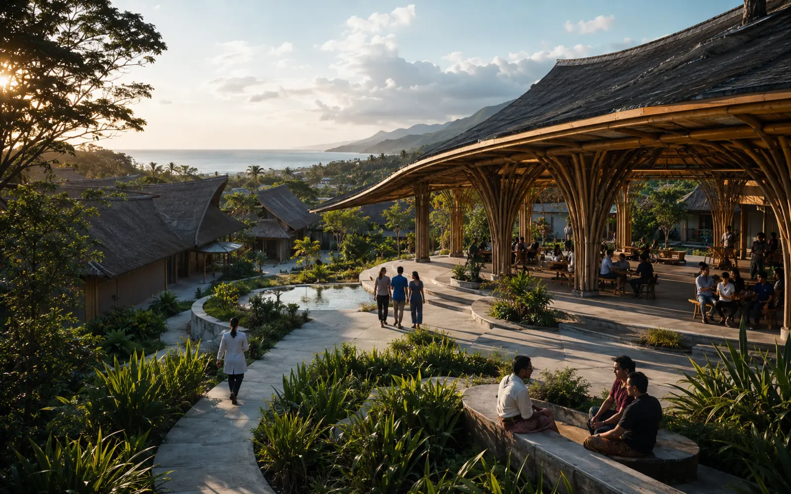A refined architectural photograph of a regenerative community place actively used by people.