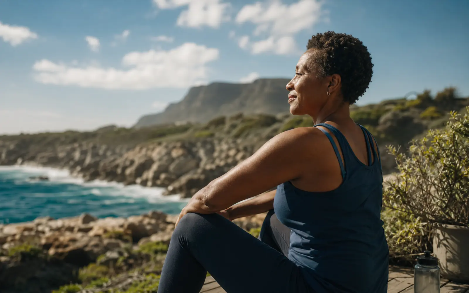 A person returning to agency through a practical act of movement, rest, nourishment or connection.