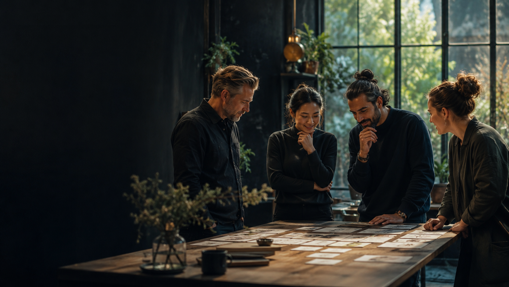 Four people exploring behaviour patterns together around a table.