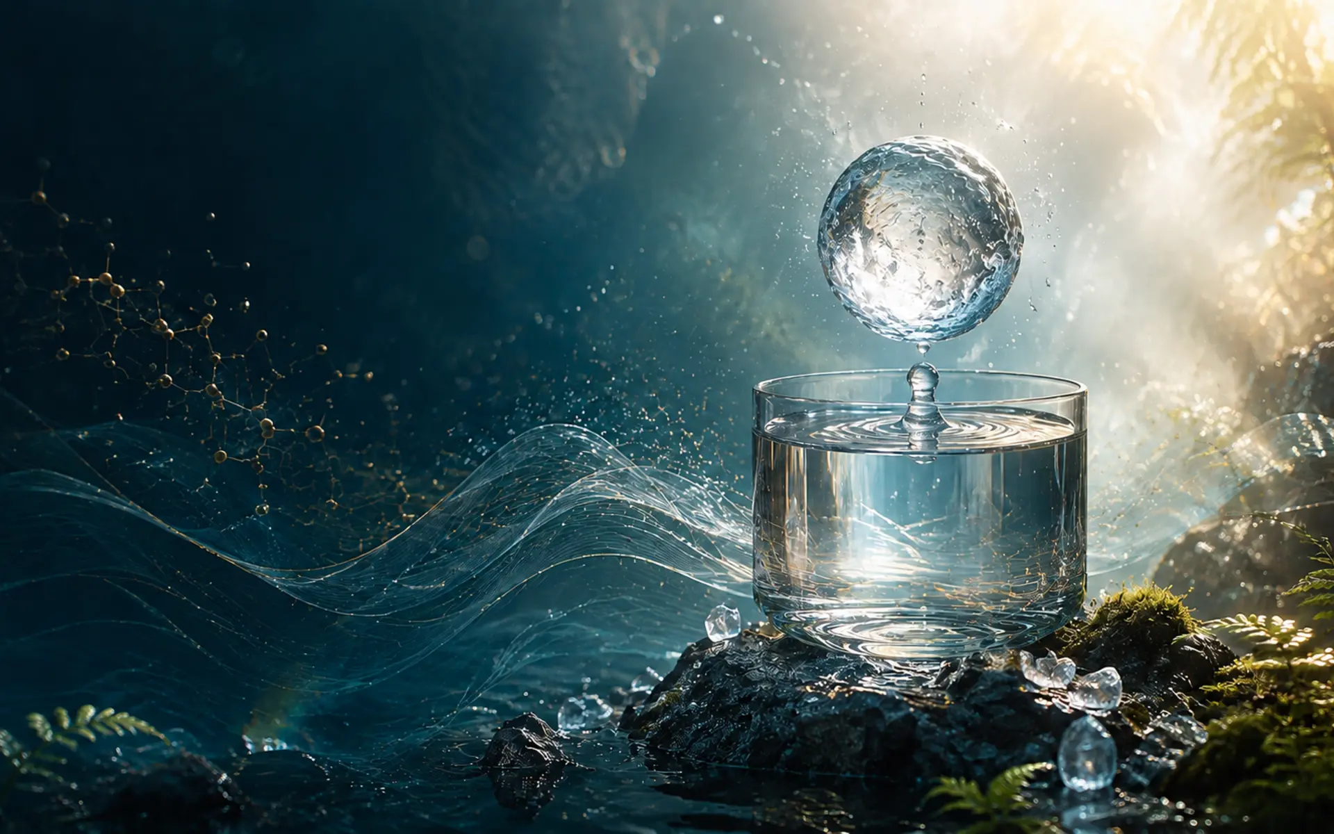 Water, light and natural structure expressing curiosity at the meeting point of science and consciousness